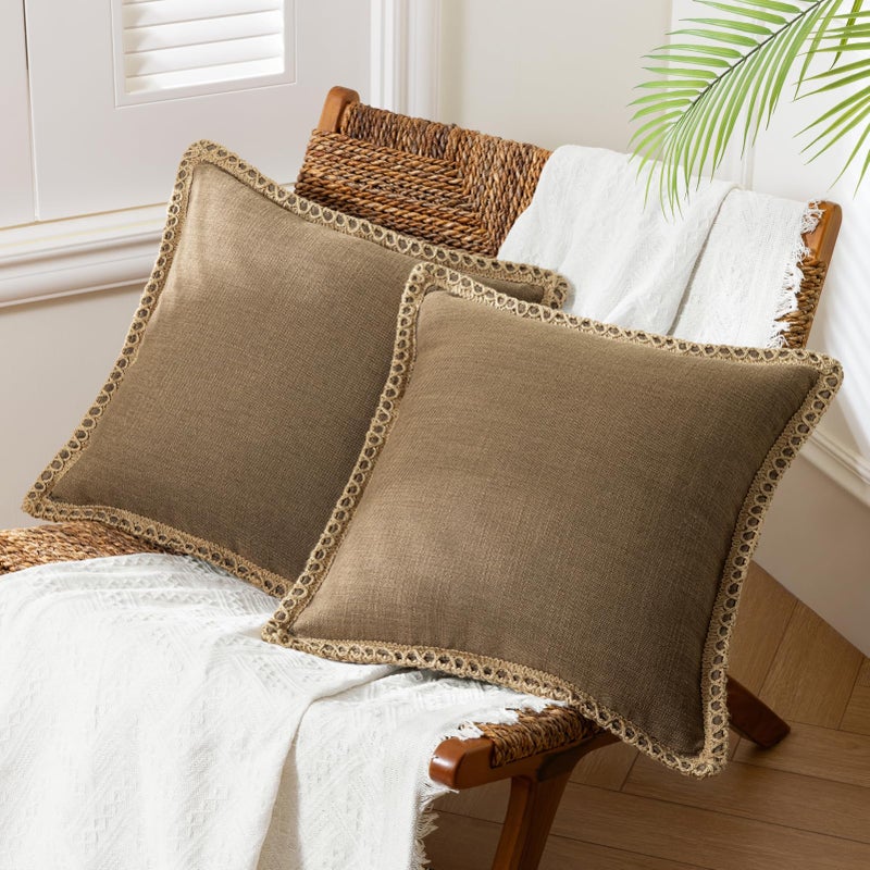 Phantoscope Pack of 2 Farmhouse Decorative Solid Throw Decorative Pillow Cover Burlap Linen Trimmed Tailored Edges Coffee 26 x 26 inches, 65 x 65 cm - Image 1